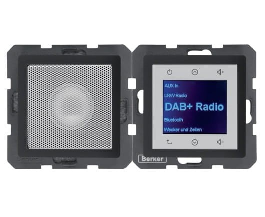 Q.x Radio Touch DAB+ Bluetooth z głośnikiem aluminium aksamit 30806084 HAGER BERKER Podtynkowe w gniazdku ścianie Q.1 Q.3 Q.7