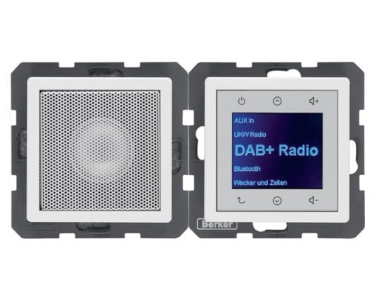 Q.x Radio Touch DAB+ z głośnikiem biały aksamit 29806089 HAGER BERKER Podtynkowe w gniazdku ścianie Q.1 Q.3 Q.7