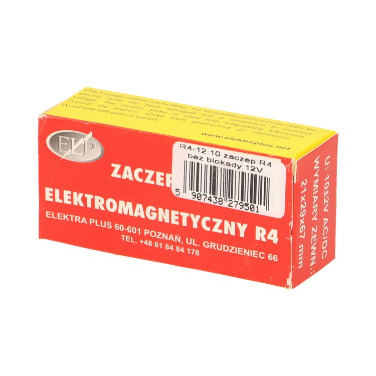 Elektrozaczep symetryczny bez pamięci bez blokady R4-12.10 Elektra Plus zaczep zamek elektrozamek magnetyczny do furtki drzwi lewych i prawych uniwersalny niskoprądowy