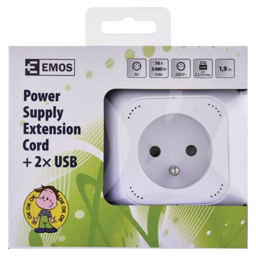Przedłużacz w kształcie kostki kostka 4 gniazda + 2 USB 1.9m biały FRENCH P04119U Emos