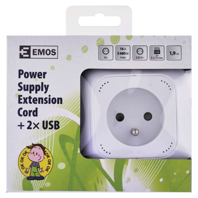 Przedłużacz w kształcie kostki kostka 4 gniazda + 2 USB 1.9m biały FRENCH P04119U Emos