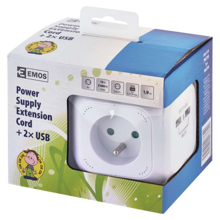Przedłużacz w kształcie kostki kostka 4 gniazda + 2 USB 1.9m biały FRENCH P04119U Emos
