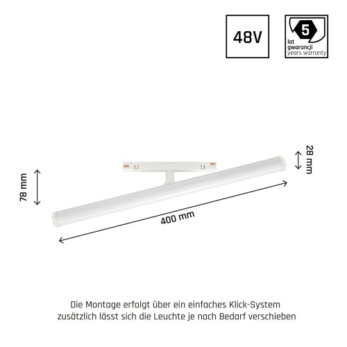 Lampa szynowa podłużna tuba LED 40cm 12W niskonapięciowy System SHIFT BEAM WLD+40036 WOJNAROWSKI Lighting 3000K Loft nowoczesna sufitowy ścienny oświetlenie szynowe natynkowa podtynkowa zawieszana 48V szynoprzewodu szyny biała Inspiracje Premium