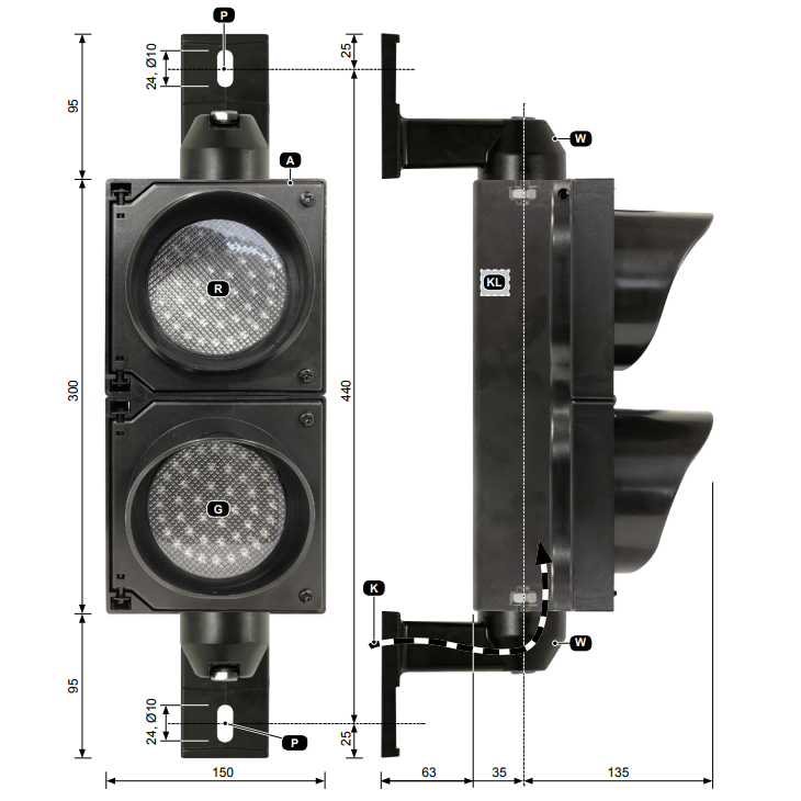 Sygnalizator światła czerwone i zielone przejazdu wjazdu LED Tousek 110-230V 13710210 czarny reflektor do bramy wjazdowej szlabanu straży pożarnej policji straży granicznej służb hal magazynów terenów przemysłowych