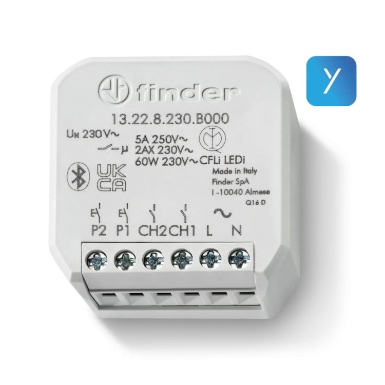 Elektroniczny przekaźnik wielofunkcyjny impulsowy 2-wejściowy 2P 13.22.8.230.B000 Finder YESLY BLISS Bluetooth do sterownia światłem i urządzeniami Intrefejs z dwoma wejściami Kompatybilny z Amazon Alexa Google Home