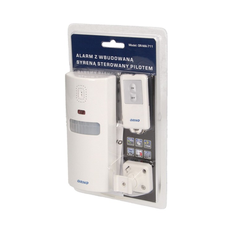 Alarm bezprzewodowy z wbudowaną syreną sterowany pilotem 6m OR-MA-711 Orno bateryjny 3xAA 100dB 100° IP20