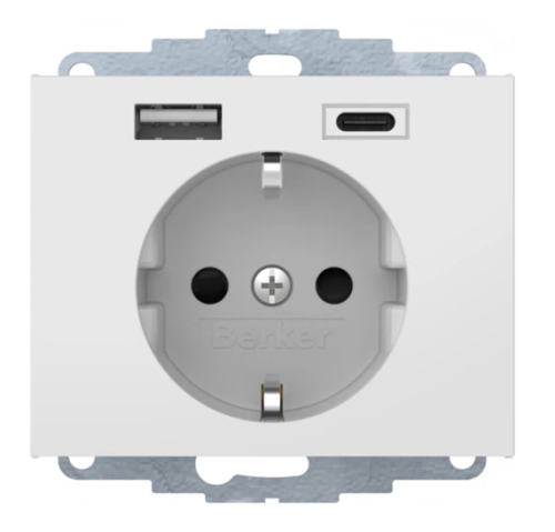 K.1 Gniazdo SCHUKO z ładowarką USB A+C 2.4/3.0 A; samozaciski; biały połysk 48047009 HAGER BERKER