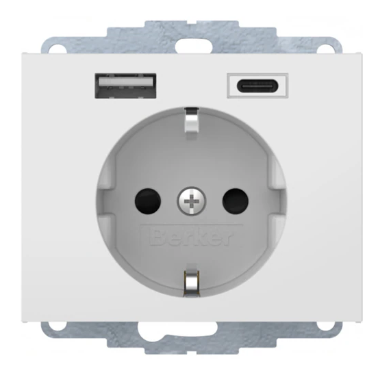 K.1 Gniazdo SCHUKO z ładowarką USB A+C 2.4/3.0 A; samozaciski; biały połysk 48047009 HAGER BERKER