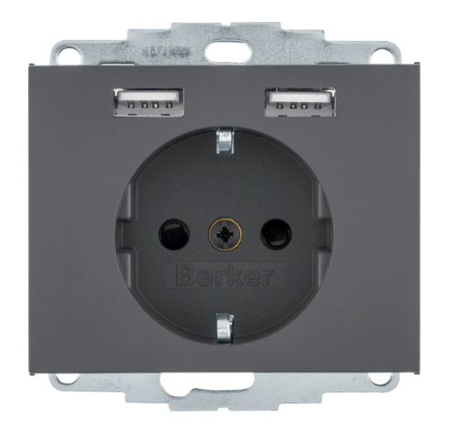 K.1 Gniazdo SCHUKO z gniazdem ładowania USB 2,4 A; samozaciski; antracyt mat 48037006 HAGER BERKER