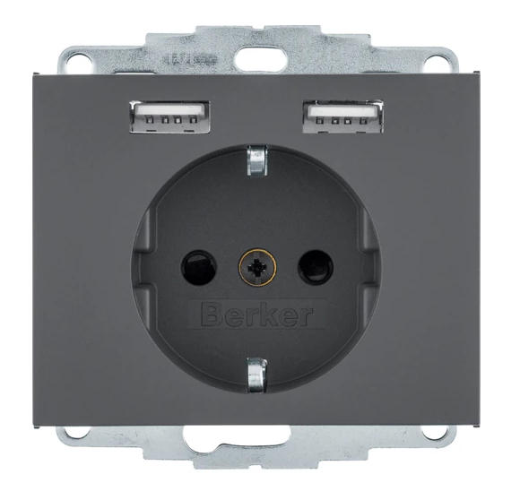K.1 Gniazdo SCHUKO z gniazdem ładowania USB 2,4 A; samozaciski; antracyt mat 48037006 HAGER BERKER