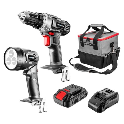 Zestaw elektronarzędzi akumulatorowych Energy+: wiertarko-wkrętarka, latarka, ładowarka, akumulator 18V 2.0Ah, torba 58G016 Graphite