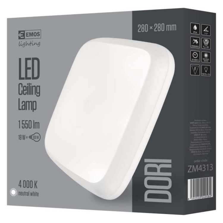 Plafon kwadratowy DORI LED 18W ZM4313 Emos IP54 sufitowy oprawa plafoniera slim neutralna biel