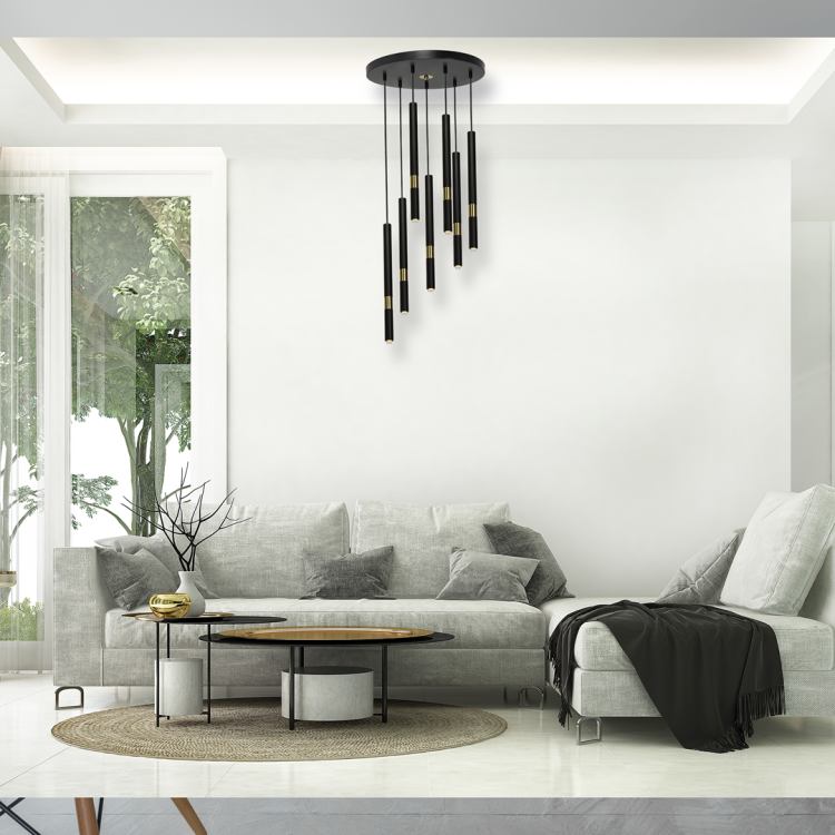 Lampa sufitowa wisząca żyrandol punktowa Industrialna MONZA BLACK/GOLD 7xG9 8W MLP6385 7x G9 Loft nowoczesna oprawa oświetleniowa tuba zwis czarny czarna złoty czarno złota Inspiracje Premium