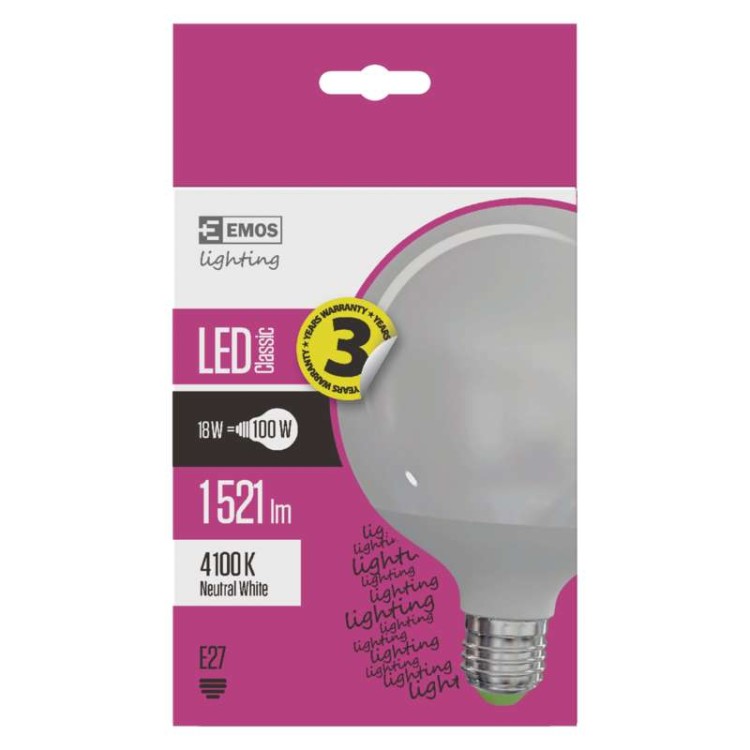 Żarówka dekoracyjna LED Classic Globe 18W E27 ZQ2181 Emos barwa neutralna 4100K duza kula kulista okrągła biała