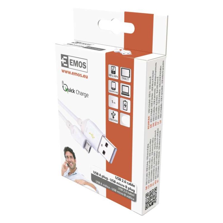 Przewód kabel do USB 2.0 Quick Charge wtyk A - wtyk micro B 1m SM7004W Emos telefon tablet smartfon pad PS4 metrowy biały
