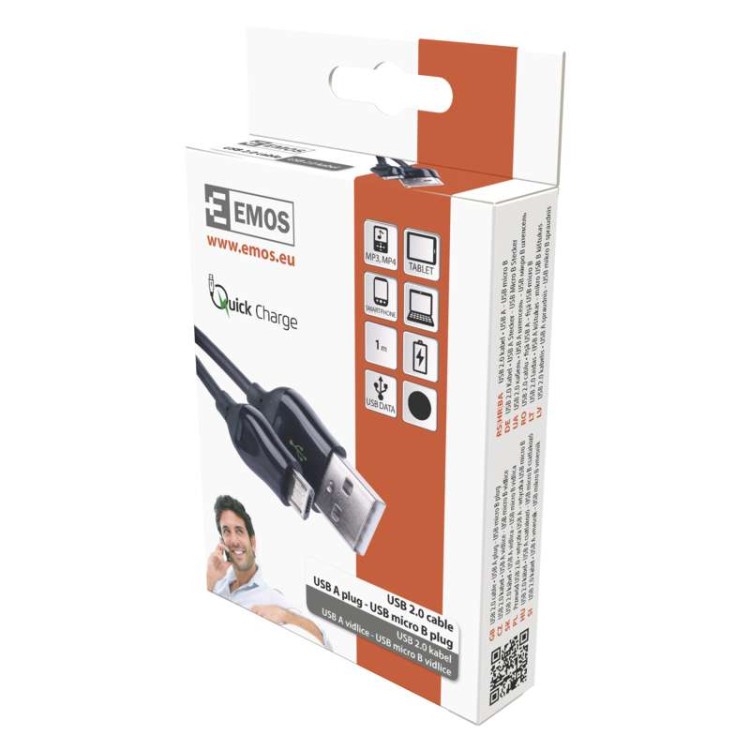 Przewód kabel do USB 2.0 Quick Charge wtyk A - wtyk micro B 1m SM7004B Emos telefon tablet smartfon pad PS4 metrowy czarny