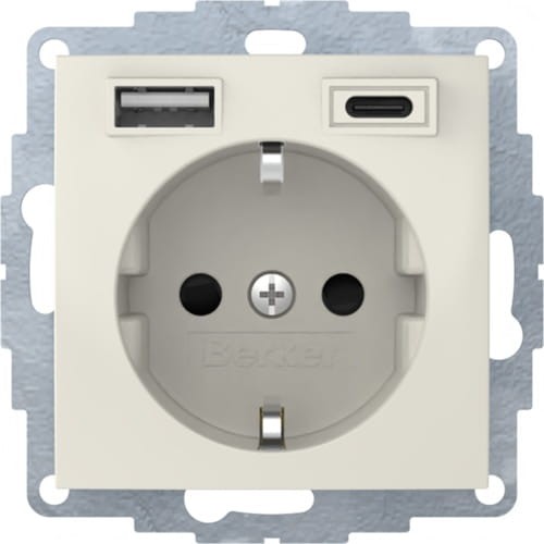 B.Kwadrat Gniazdo SCHUKO z ładowarką USB A+C 2.4/3.0 A; samozaciski; krem połysk 48048982 HAGER BERKER