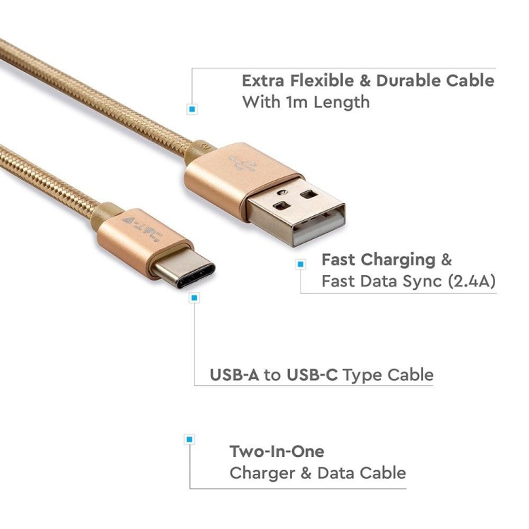 Przewód kabel do USB Quick Charge wtyk A - wtyk C 1m VT-5334 V-TAC telefon tablet smartfon metrowy złoty