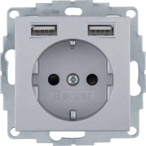 B.x Gniazdo SCHUKO z gniazdem ładowania USB 2,4 A; samozaciski; alu mat 48031404 HAGER BERKER