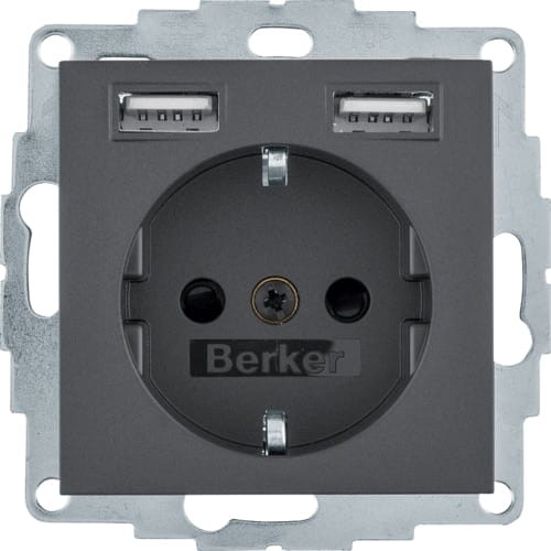 B.x Gniazdo SCHUKO z gniazdem ładowania USB 2,4 A; samozaciski; antracyt mat 48031606 HAGER BERKER