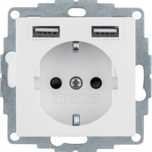 B.x Gniazdo SCHUKO z gniazdem ładowania USB 2,4 A; samozaciski; biały połysk 48038989 HAGER BERKER