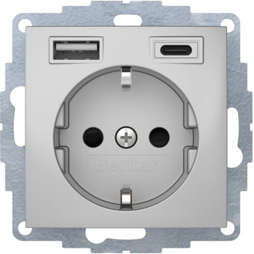 B.x Gniazdo SCHUKO z ładowarką USB A+C 2.4/3.0 A; samozaciski; alu mat 48041404 HAGER BERKER