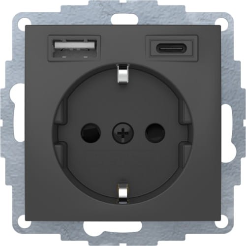 B.x Gniazdo SCHUKO z gn. ładowania USB A+C 2.4/3.0 A; samozaciski; antracyt mat 48041606 HAGER BERKER