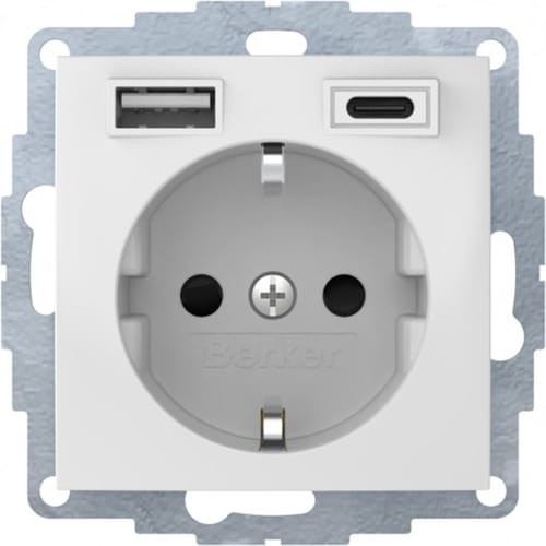 B.x Gniazdo SCHUKO z ładowarką USB A+C 2.4/3.0 A; samozaciski biały połysk 48048989 HAGER BERKER