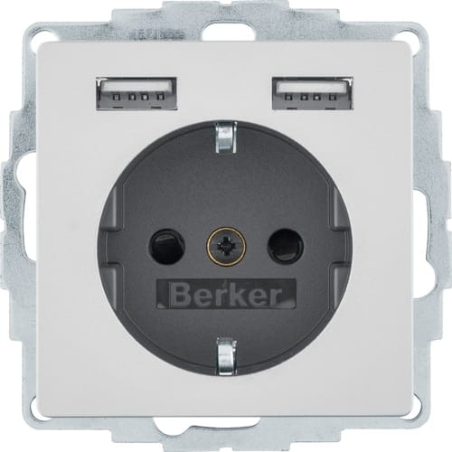 Q.x Gniazdo SCHUKO z gniazdem ładowania USB 2,4 A; samozaciski; alu aksamit 48036084 HAGER BERKER