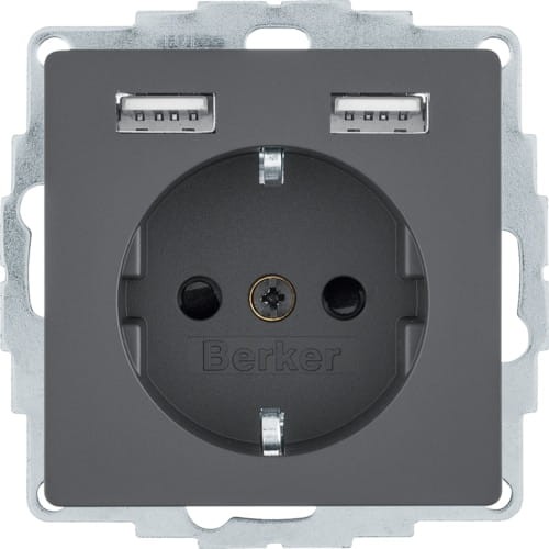 Q.x Gniazdo SCHUKO z gniazdem ładowania USB 2,4 A; samozaciski; antracyt aksamit 48036086 HAGER BERKER