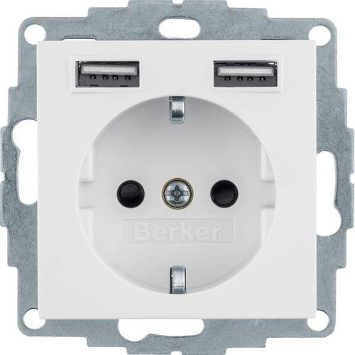 Q.x Gniazdo SCHUKO z gniazdem ładowania USB 2,4 A; samozaciski; biały aksamit 48036089 HAGER BERKER