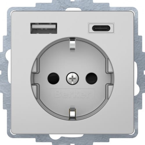 Q.x Gniazdo SCHUKO z ładowarką USB A+C 2.4/3.0 A; samozaciski; alu aksamit 48046084 HAGER BERKER