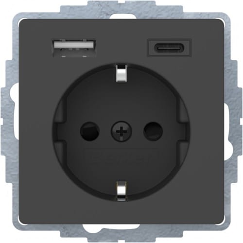 Q.x Gniazdo SCHUKO z ładowarką USB A+C 2.4/3.0 A; samozaciski; antracyt aksamit 48046086 HAGER BERKER