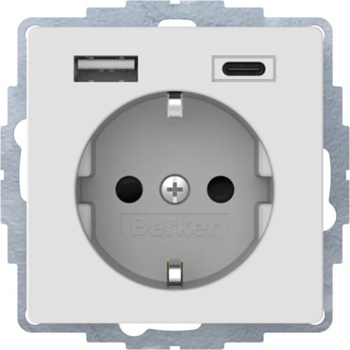 Q.x Gniazdo SCHUKO z ładowarką USB A+C 2.4/3.0 A; samozaciski; biały aksamit 48046089 HAGER BERKER