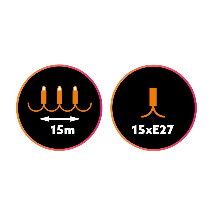 Lampki ogrodowe Girlanda Łańcuch Party 15m 15 x LED E27 do Ogrodu wymienne Żarówki KTMA15M15G MIMOSA Kobi Dekoracyjny IP44 15xE27 Dekoracja sznur czarny