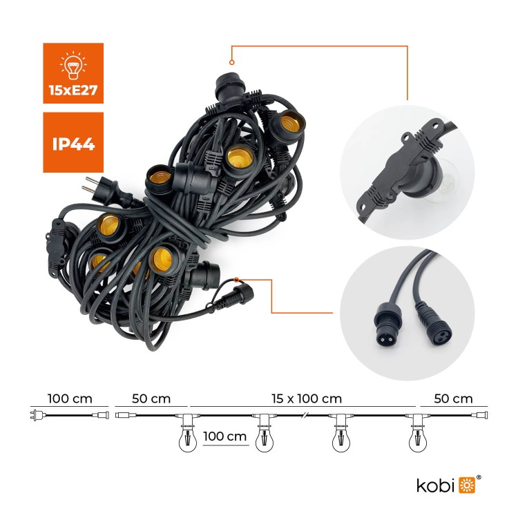 Lampki ogrodowe Girlanda Łańcuch Party 15m 15 x LED E27 do Ogrodu wymienne Żarówki KTMA15M15G MIMOSA Kobi Dekoracyjny IP44 15xE27 Dekoracja sznur czarny