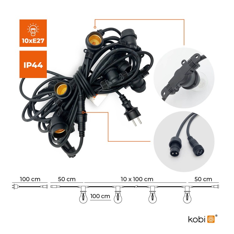 Lampki ogrodowe Girlanda Łańcuch Party 10m 10 x LED E27 do Ogrodu wymienne Żarówki KTMA210M10G MIMOSA Kobi Dekoracyjny IP44 10xE27 Dekoracja sznur czarny