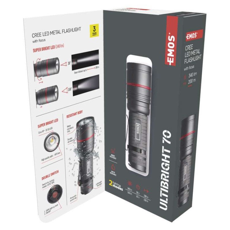 Latarka metalowa taktyczna CREE LED Ultibright 70 IP65 P3170 Emos 340lm 3xAAA surwiwal survival survivor trwała wodoodporna