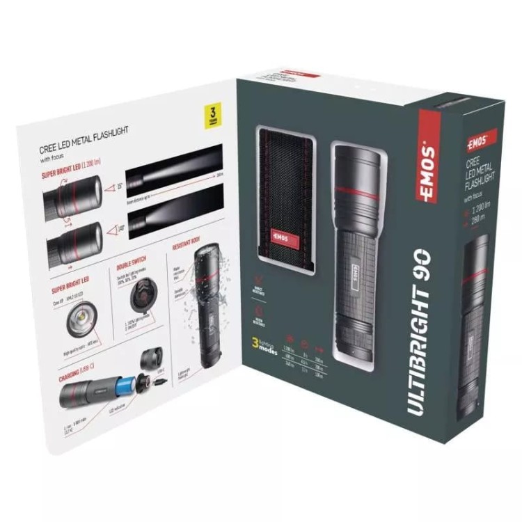 Latarka metalowa taktyczna CREE LED Ultibright 90 IP65 P3190 Emos 1200lm Ładowalna Akumulator Li-Ion surwiwal survival survivor trwała wodoodporna