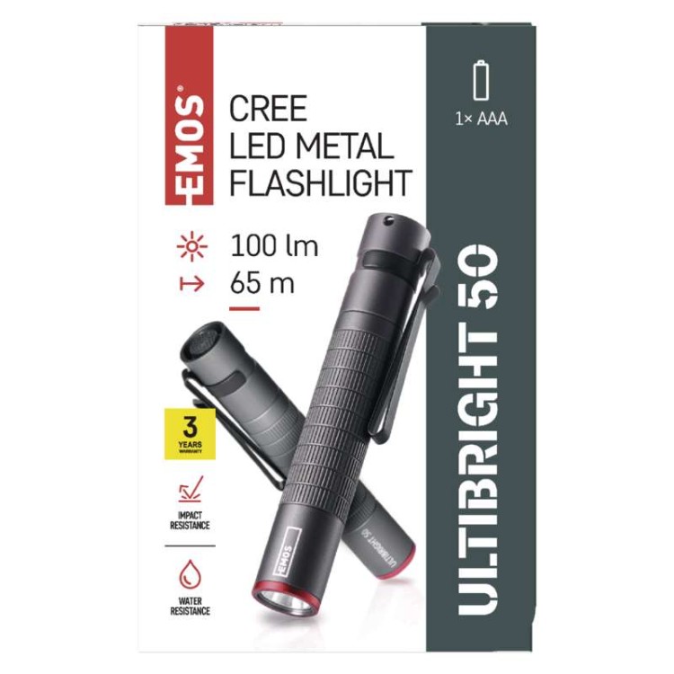 Latarka metalowa taktyczna CREE LED Ultibright 50 IP65 P3150 Emos 100lm 1xAAA surwiwal survival survivor trwała wodoodporna kieszonkowa do torebki