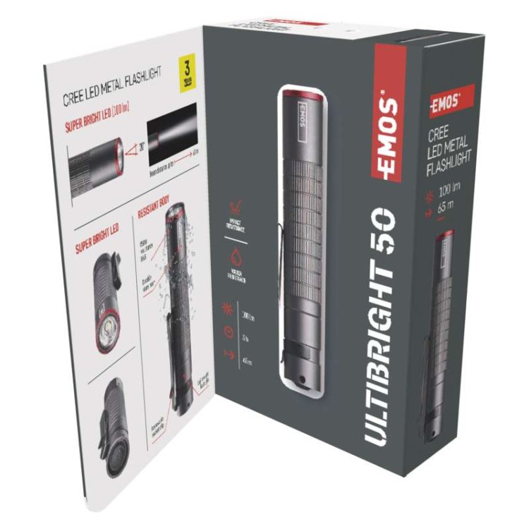 Latarka metalowa taktyczna CREE LED Ultibright 50 IP65 P3150 Emos 100lm 1xAAA surwiwal survival survivor trwała wodoodporna kieszonkowa do torebki