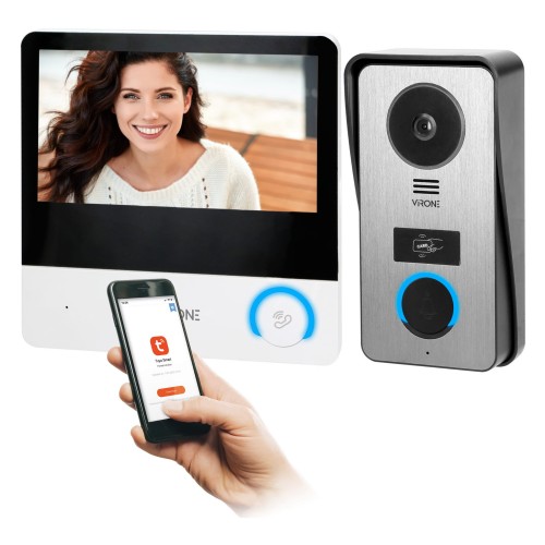 Wideodomofon VDP-67 Virone Zestaw wideodomofonowy, bezsłuchawkowy, monitor dotykowy 7" LCD, Wi-Fi + APP na telefon, z gniazdem na kartę pamięci, z kamerą Full HD 1080p, czytnikiem kart i breloków zbliżeniowych 125kHz, PAVONIS