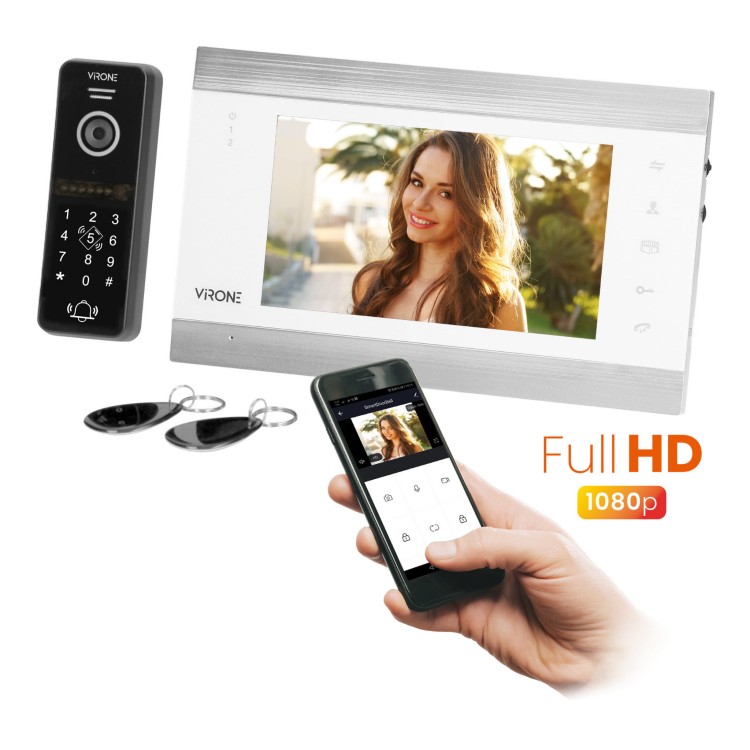 Wideodomofon VDP-61FHD/W Virone Zestaw wideodomofonowy, bezsłuchawkowy, monitor 7" LCD, menu OSD, WI-FI + APP na telefon, z gniazdem na kartę pamięci TF, z kamerą Full HD 1080p, szyfratorem i czytnikiem kart i breloków zbliżeniowych, biały, VIFIS Full HD