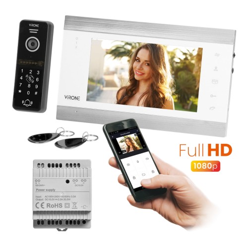 Wideodomofon VDP-61FHDZD/W Virone VIFIS Full HD zestaw wideodomofonowy bezsłuchawkowy z kamerą Full HD, szyfratorem, czytnikiem zbliżeniowym i sterowaniem z aplikacji, zasilacz na szynę DIN, biały