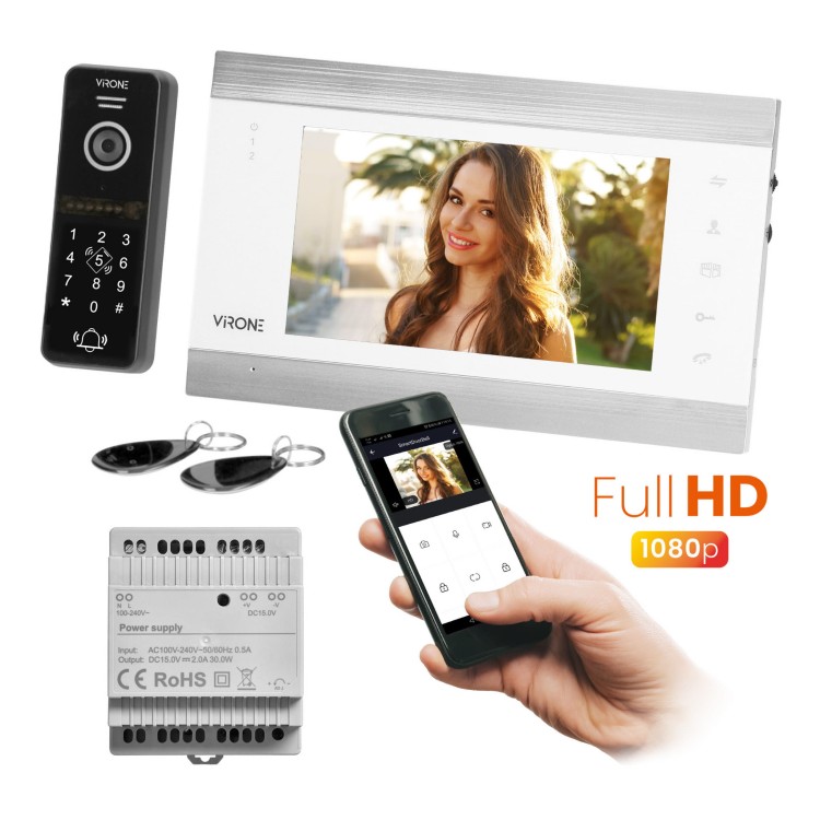 Wideodomofon VDP-61FHDZD/W Virone VIFIS Full HD zestaw wideodomofonowy bezsłuchawkowy z kamerą Full HD, szyfratorem, czytnikiem zbliżeniowym i sterowaniem z aplikacji, zasilacz na szynę DIN, biały