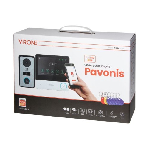 Wideodomofon VDP-67 Virone Zestaw wideodomofonowy, bezsłuchawkowy, monitor dotykowy 7" LCD, Wi-Fi + APP na telefon, z gniazdem na kartę pamięci, z kamerą Full HD 1080p, czytnikiem kart i breloków zbliżeniowych 125kHz, PAVONIS
