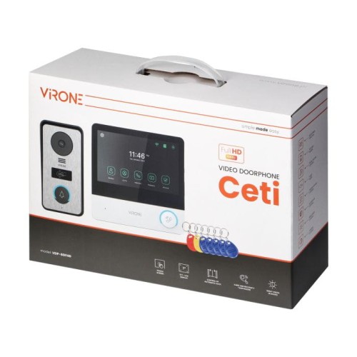 Wideodomofon VDP-60FHD Virone CETI Full HD, zestaw wideodomofonowy, bezsłuchawkowy, monitor dotykowy 7" LCD, z gniazdem na kartę pamięci, z kamerą Full HD 1080p, czytnikiem kart i breloków zbliżeniowych 125kHz