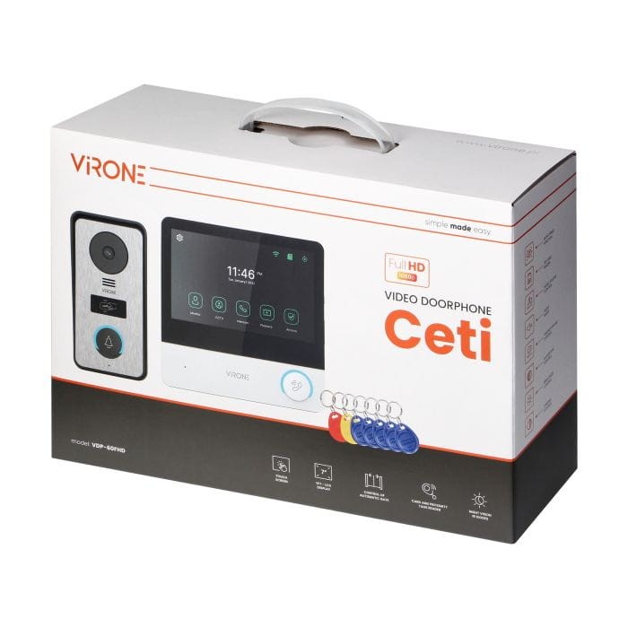 Wideodomofon VDP-60FHD Virone CETI Full HD, zestaw wideodomofonowy, bezsłuchawkowy, monitor dotykowy 7" LCD, z gniazdem na kartę pamięci, z kamerą Full HD 1080p, czytnikiem kart i breloków zbliżeniowych 125kHz