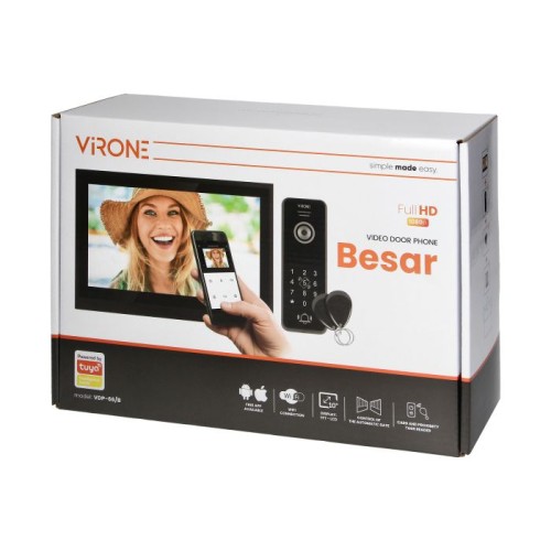 Wideodomofon VDP-66/B Virone Zestaw wideodomofonowy, bezsłuchawkowy, monitor 10" LCD, menu OSD, WI-FI + APP na telefon, z gniazdem na kartę pamięci TF, z kamerą Full HD 1080p, szyfratorem i czytnikiem kart i breloków zbliżeniowych, czarny, BESAR