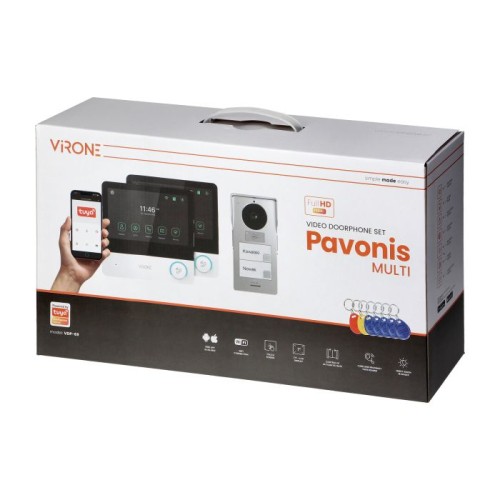 Wideodomofon VDP-69 Virone PAVONIS MULTI, zestaw wideodomofonowy, bezsłuchawkowy, monitor dotykowy 7" LCD, Wi-Fi  + APP na telefon, z gniazdem na kartę pamięci, z kamerą Full HD 1080p, czytnikiem kart i breloków zbliżeniowych 125kHz